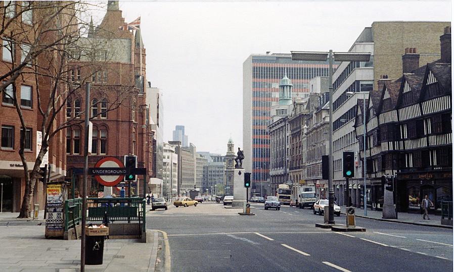 High Holborn looking east, with the Underground station entrance and the timbered frontage of Staple Inn.